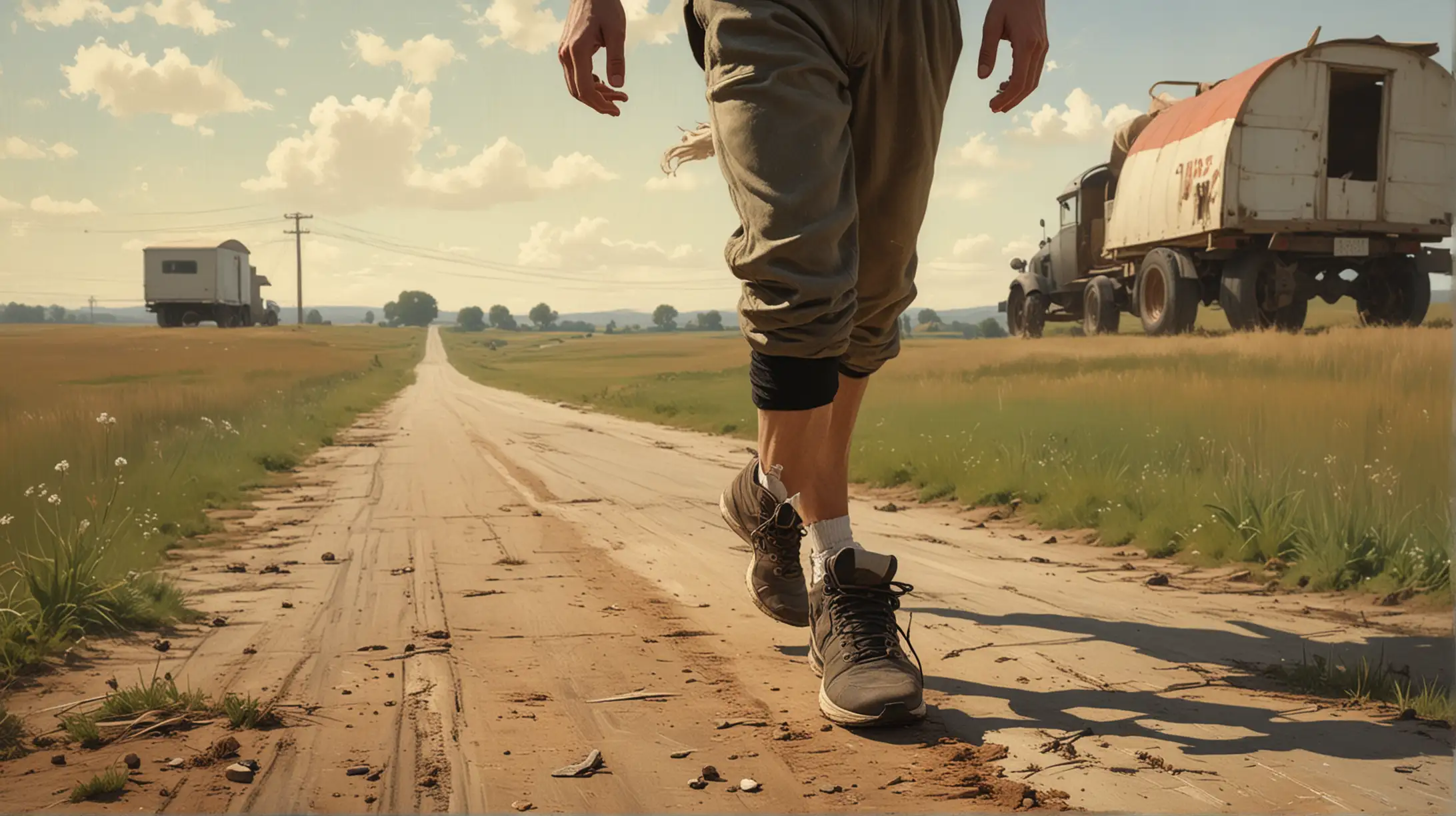 Young Man in Vintage Running Outfit at Crossroads Overlooking Farmlands