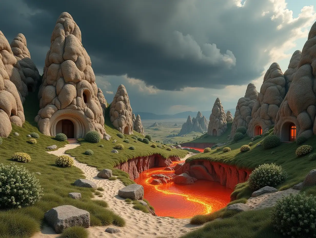 Create a hyperrealistic landscape with extremely realistic limestone rock formations covered with areas of green grass, high resolution and high-quality details, with their doors and windows in every house like ultra-realistic houses in the style of Cappadocia, sandy and sandy ground with scattered bushes full of extremely realistic flowers. A large, wide and deep crack on the floor releases a large mass of boiling lava. In the distance, a big storm approaches, made up of dark and thick, hyperrealistic clouds and high-resolution details.