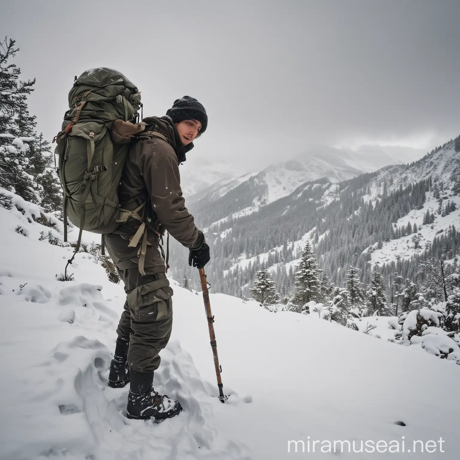 Hiker Climbing Snowy Mountain with Backpack and Hiking Stick