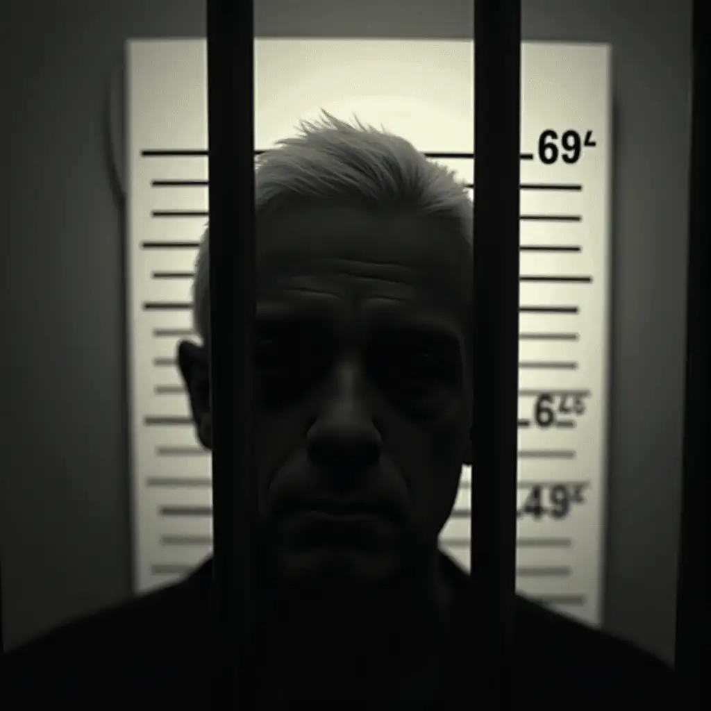 A subtle, abstract representation of Jeffrey Epstein's mugshot or a silhouette, of him behind bars