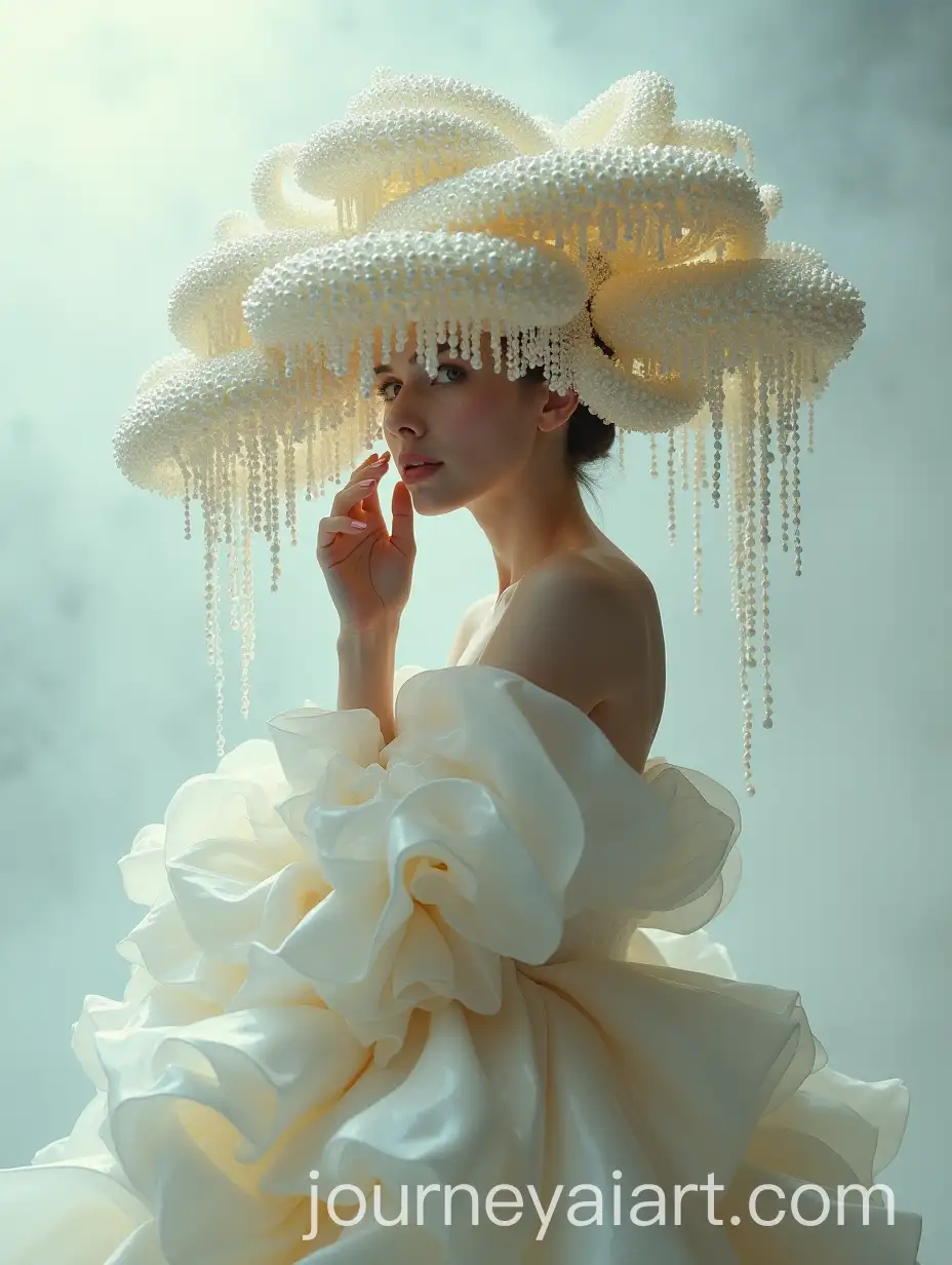 Surreal-HighFashion-Portrait-with-AvantGarde-PearlDraped-Hat-and-Dramatic-Gown