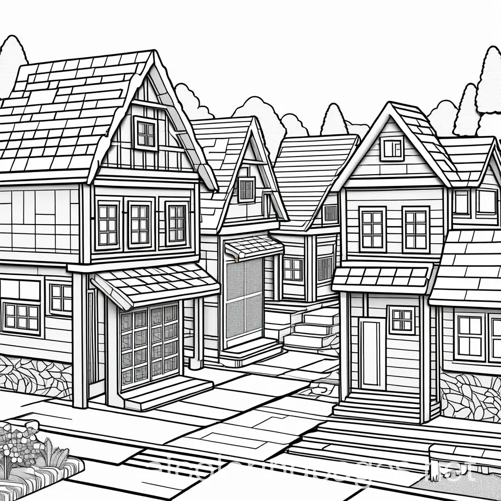 Minecraft-Village-Coloring-Page-Black-and-White-Line-Art