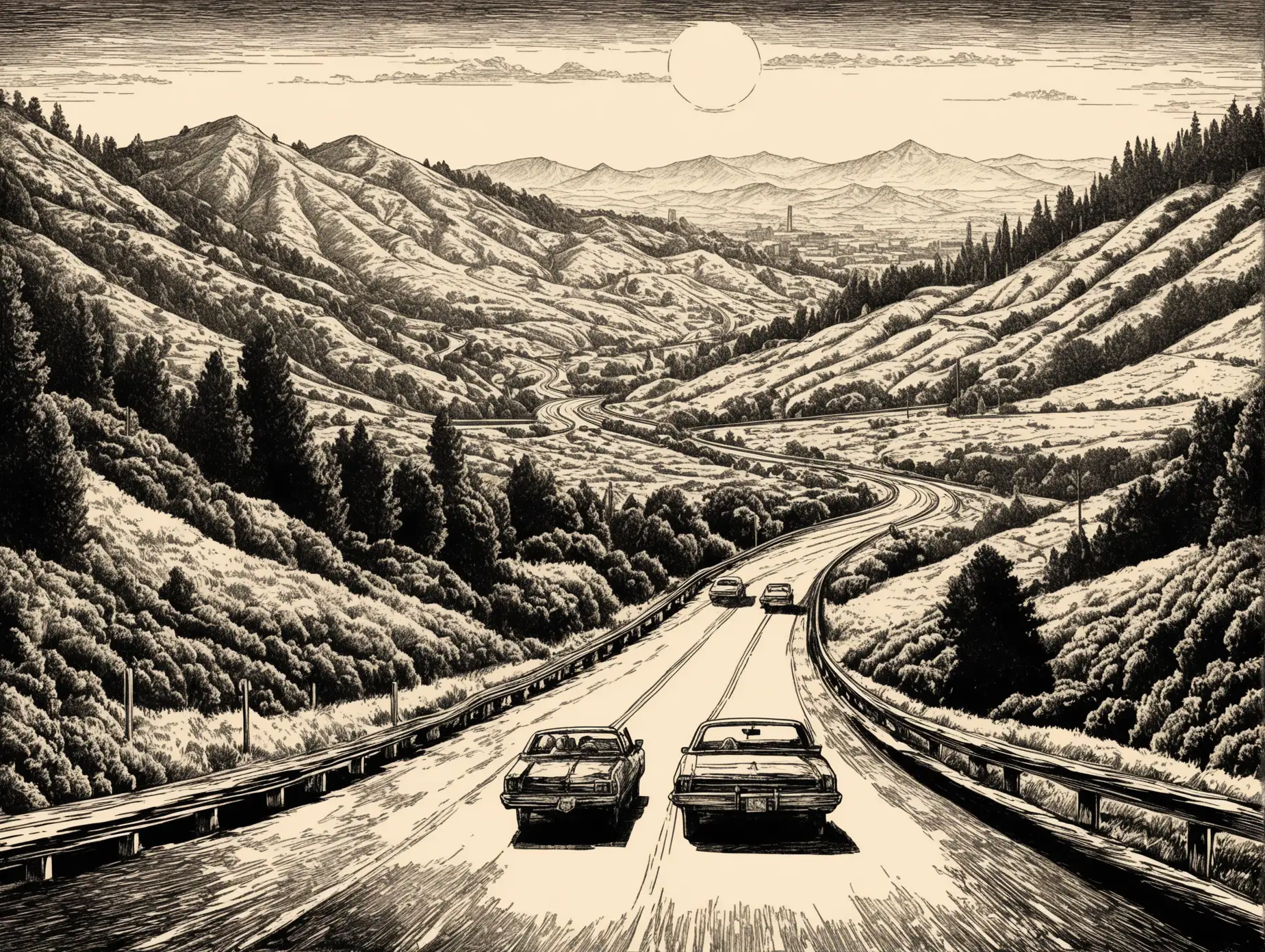 1970s-California-Highway-Scene-Engraving-with-Silhouetted-Man-and-Santa-Cruz-Mountains