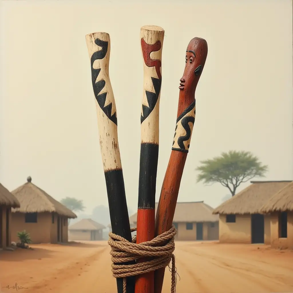 Stunning hyperrealistic painting in the style of Joaquín Sorolla, depicting the image of three beautifully carved and polychrome wooden sticks with ethnic motifs in white, black and red. The sticks are loosely tied together by a thick cord with ethnic motifs and are suspended in the mist. The background is a very light beige color with an African village in the background.