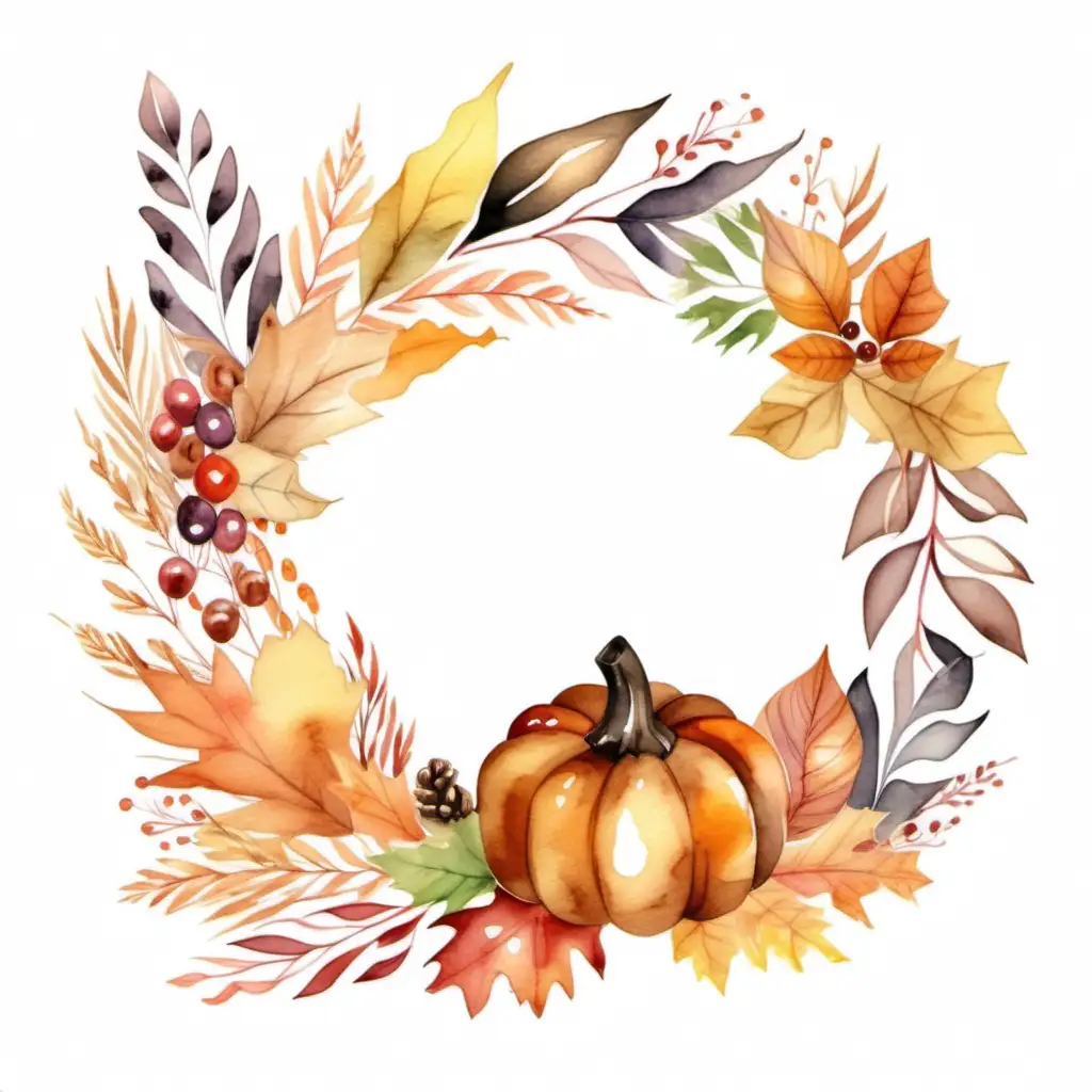 Watercolor Thanksgiving Wreath on Isolated White Background