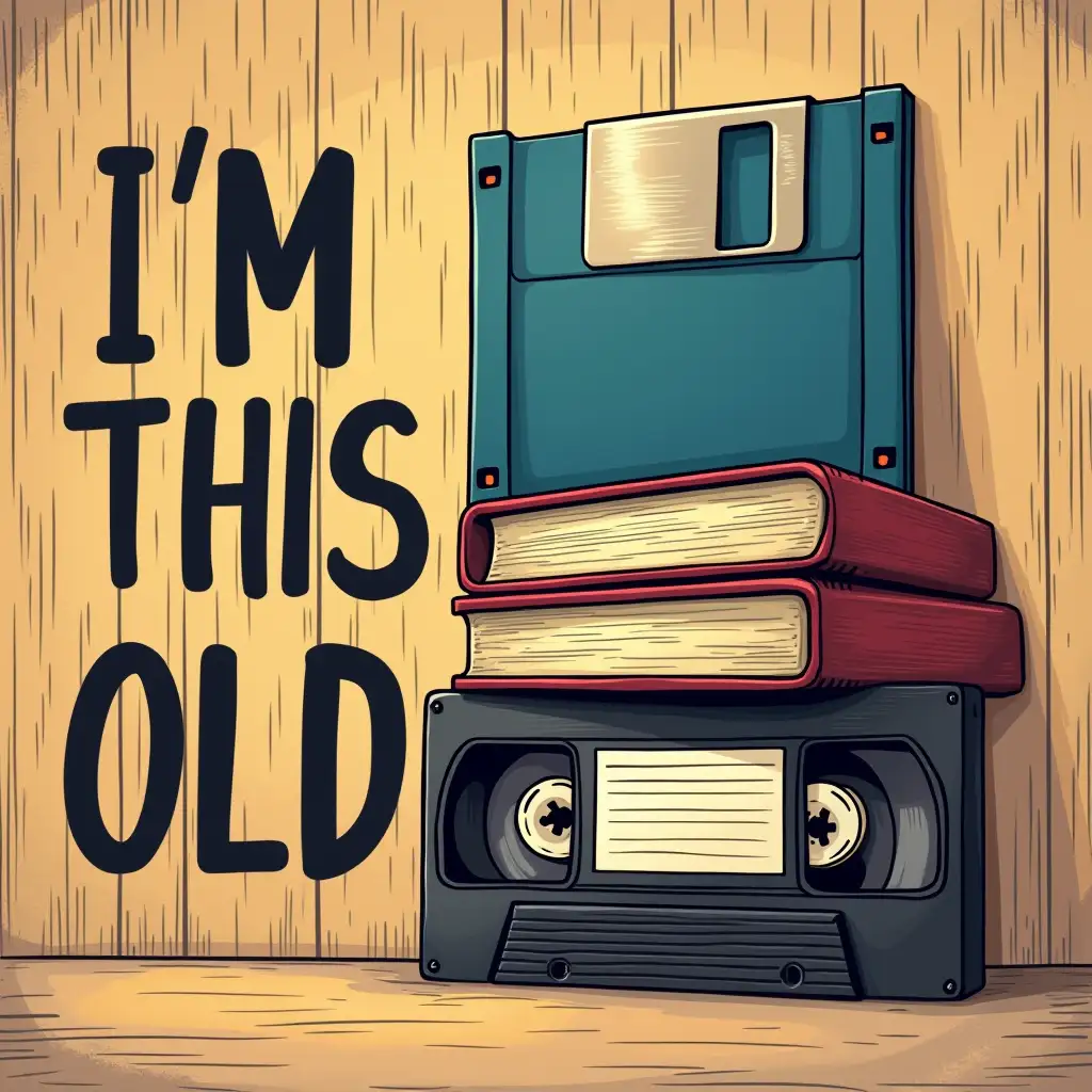 A vintage-themed digital illustration with a wooden background featuring a floppy disk, a cassette tape, and a VHS tape stacked vertically. Bold, playful text on the left side reads 'I'M THIS OLD' in a handwritten-style font. The design has a nostalgic and retro aesthetic with subtle lighting and shading for depth.