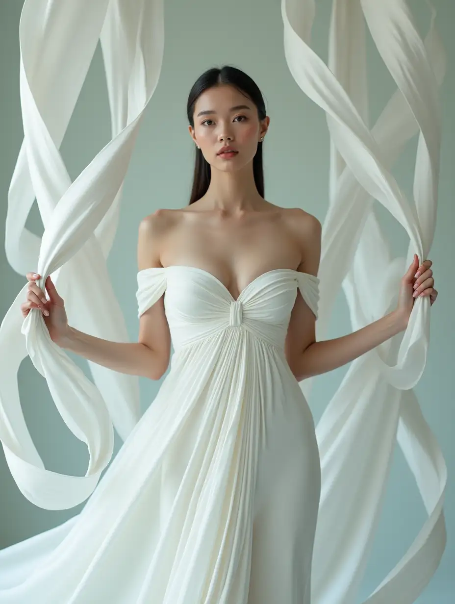 The image features a woman standing confidently with both hands lightly touching the swirling, ribbon-like structures surrounding her. She is wearing an elegant, form-fitting, off-the-shoulder gown in white, with intricate folds and a deep V-neckline. The ribbons gracefully wrap around her body, creating a dynamic flow. Her posture is upright, with her head held high, giving a poised, ethereal appearance. Her hair is pulled back in a sleek, neat style, and her facial expression is calm and composed. Cinematic style, Photorealism