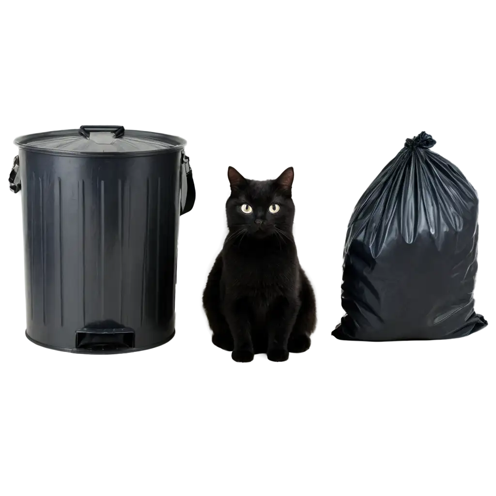 Black-Cat-Beside-Steel-Rubbish-Bin-with-Full-Black-Rubbish-Bag-PNG-Image