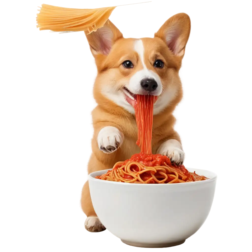 an italian spilling a bowl of spaghetti and a corgi eating it