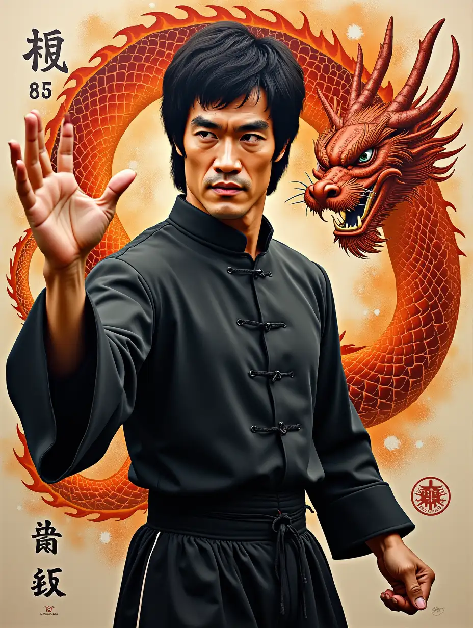 Bruce-Lee-in-Iconic-Pose-with-Chinese-Dragon-and-Five-Elements