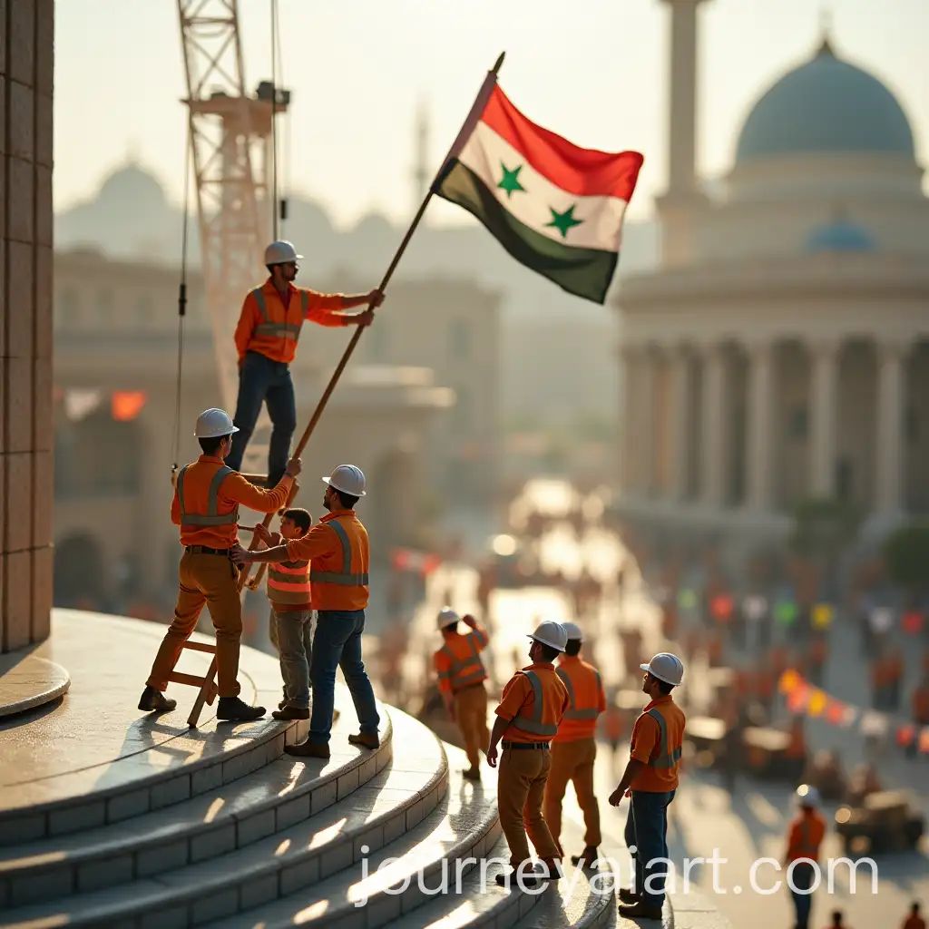 Miniature-Workers-Raising-Syrian-Flag-in-a-Cinematic-Ceremony