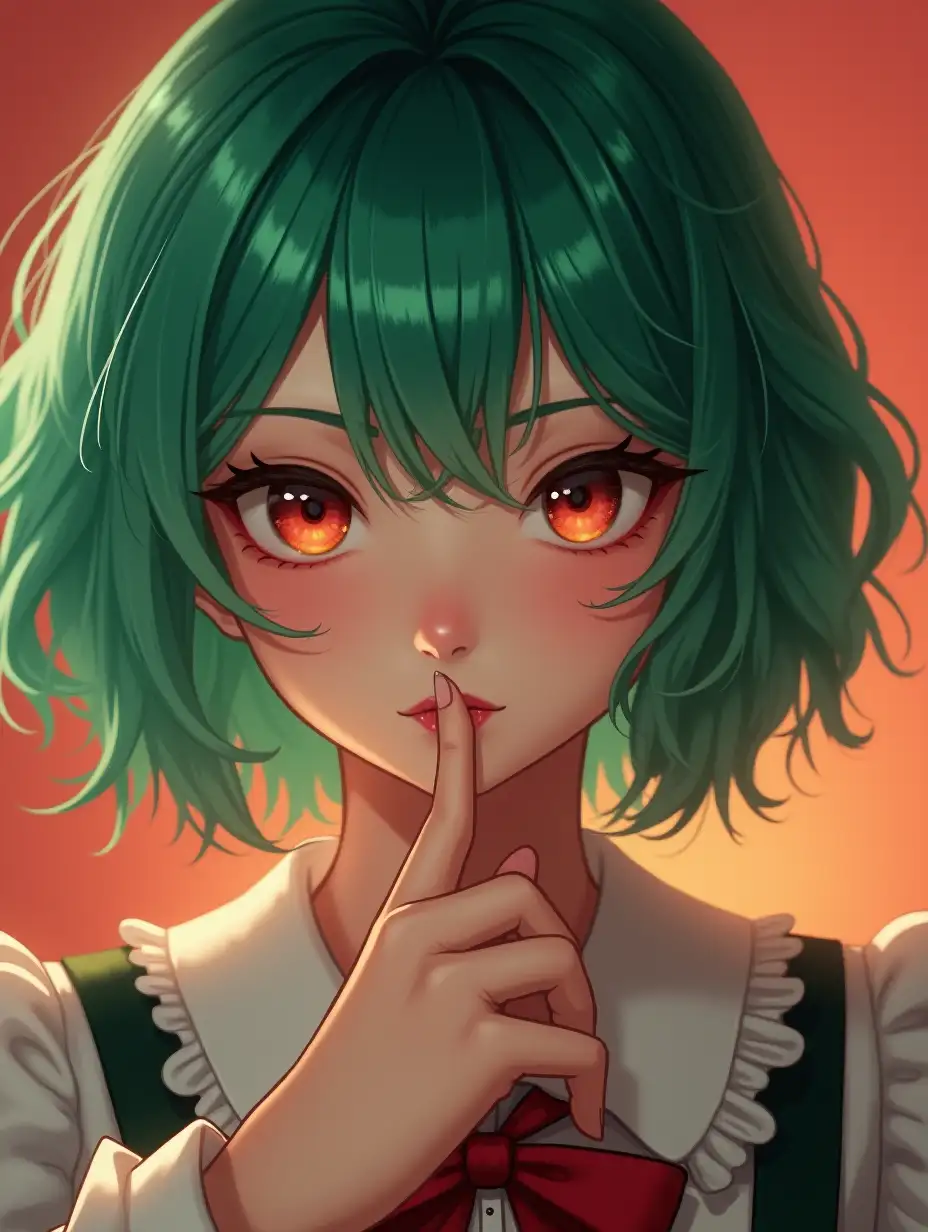 realistic, realistic woman (ethnicity:1.2), (age:1.1), (detailed clothing:1.2), (facial features:1.3), (expression:1.2), (body type:1.1), (pose:1.2), realistic finger on lips,  center of frame,  facing directly at viewer, realistic short green hair,  bangs,realistic hair between eyes, realistic vibrant teal-red eyes,  (detailed skin texture:1.2), realistic wearing a lolita fashion uniform, high-detailed hair with subtle highlights, head tilt, soft lighting (warm-toned lighting), realistic soft-focus and gradient colors, detailed clothing, intricate eye details,  (expression:1.2), realistic close-up portrait, realistic style,  (detailed background:1.1),  dynamic composition,  beautiful design,  warm colors, bright lighting,  8k resolution,