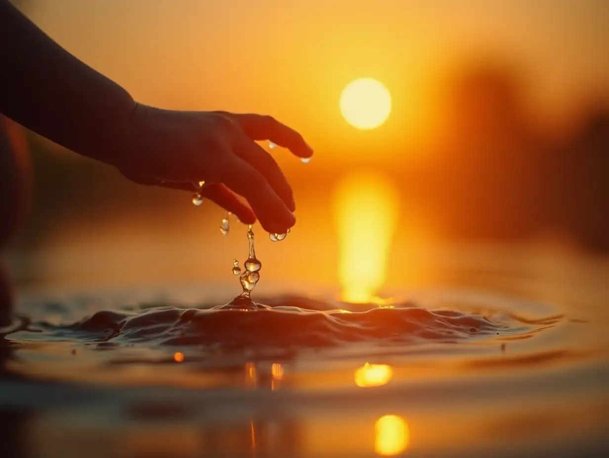 infant hand opens a furrow in water, in backlight. sunset