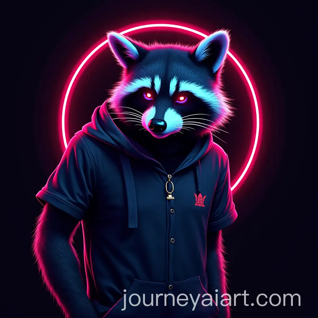 Neon-Raccoon-Wearing-Korol-i-Shut-Tshirt-in-Futuristic-Urban-Setting