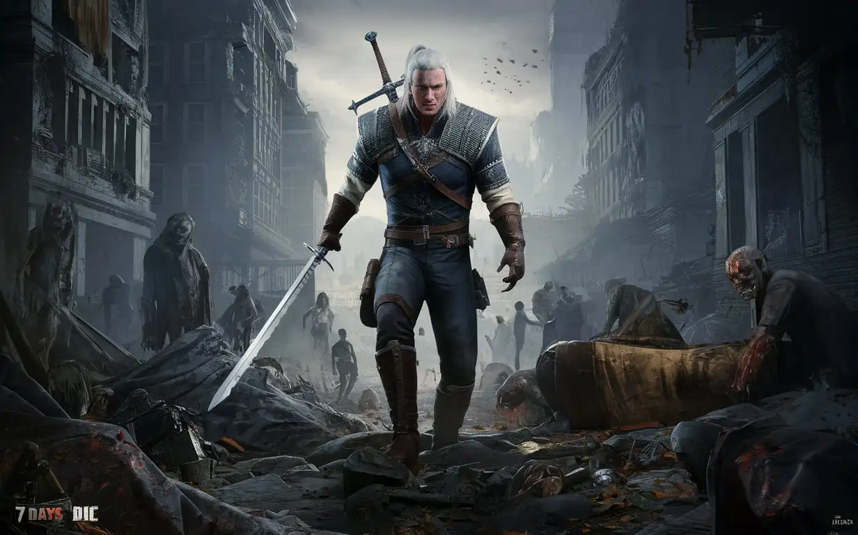 Geralt survives the zombie apocalypse and develops epically in the game 7 Days To Die