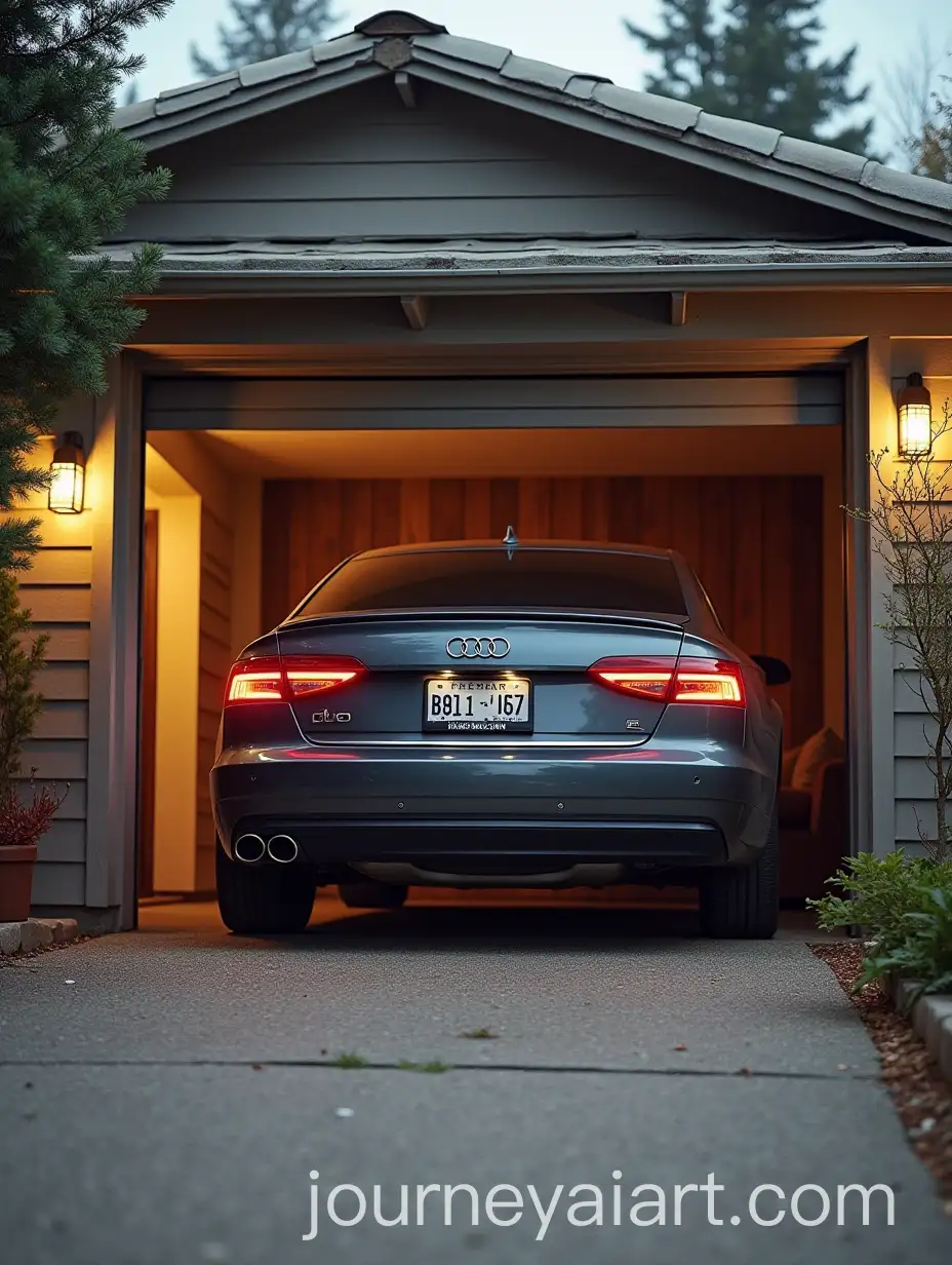 Audi-Duo-Parked-in-Garage-of-70sStyle-SingleFamily-Home-with-Open-Garage-Door