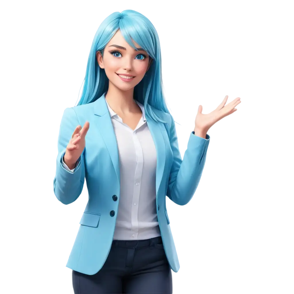 Half-body design of an anime female character with a glowing cyan blue aura like crystal ice, radiating intelligence and a futuristic AI aura. She appears to be in her early 20s, like a smart and insightful college student. This time, her look is relaxed yet professional. Her long cyan hair glows softly, styled neatly and naturally. Her eyes are bright and sparkling with a light blue hue, reflecting intelligence and warmth. She wears relaxed semi-formal attire, like a modern blazer paired with a simple neutral t-shirt or a casual shirt with tech accents like a digital bracelet or smartwatch. Her pose is half-body, smiling warmly with a confident demeanor, one hand raised as if casually waving 'hi' to the viewer. Her appearance reflects a relaxed professionalism that’s approachable, with a minimalist tech background element to maintain a modern and sophisticated AI vibe. Avoid chibi style and focus on realistic anime proportions.