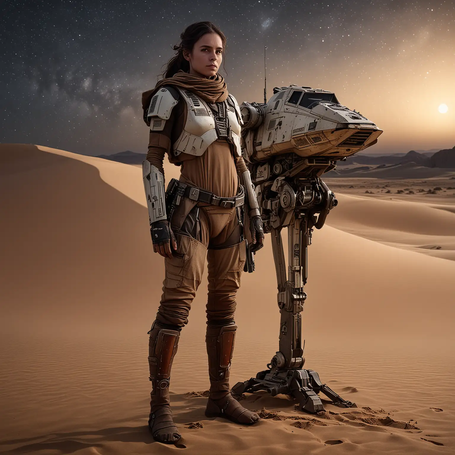 Produce an ultra-detailed photograph of a nomadic woman from a remote desert planet in the Star Wars universe. She stands beside her speeder bike, parked on the edge of a massive sand dune under a sky filled with stars and twin moons. Her clothing is a mix of rugged, practical gear and advanced technology, with glowing elements that mimic the starry sky. The sand beneath her feet reflects the starlight, and the sky is so detailed that individual stars and even distant galaxies can be seen. The overall effect is a seamless blend of harsh desert survival and the infinite beauty of the cosmos.