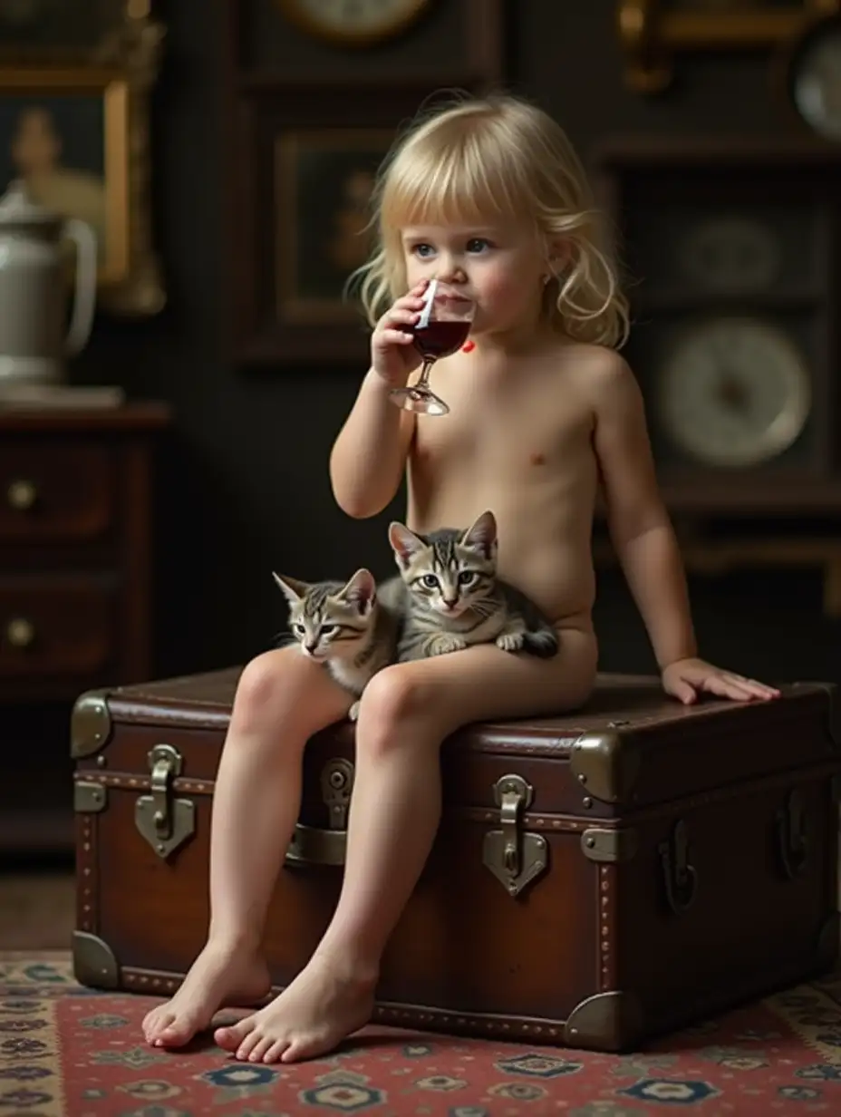 Scandinavian-Girl-Enjoying-Wine-with-a-Kitten-in-an-Antique-Shop