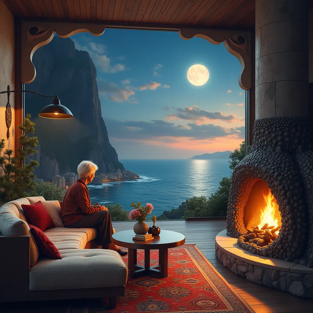 ultradetailed hyperrealistic portrait 65 year old woman in a very nice living room with modern furniture and modern dragon fireplace an amazing open terrace with a view of the sea elaborately detailed, colorful sea, city, rocky cliff black mimble with moon and bright