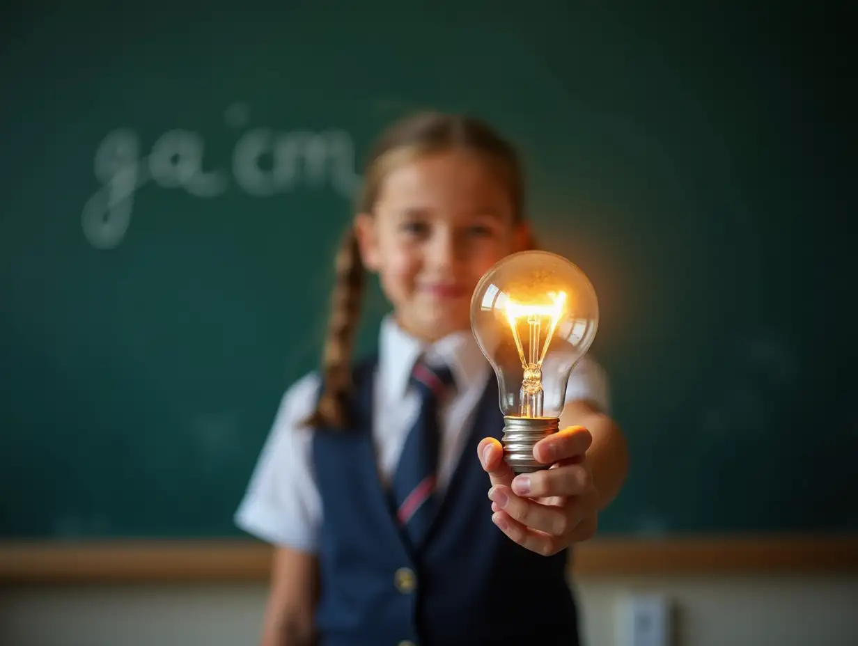 Photo of cute teen schoolgirl diligent electric bulb eureka brilliant idea dressed stylish uniform classroom blackboard background