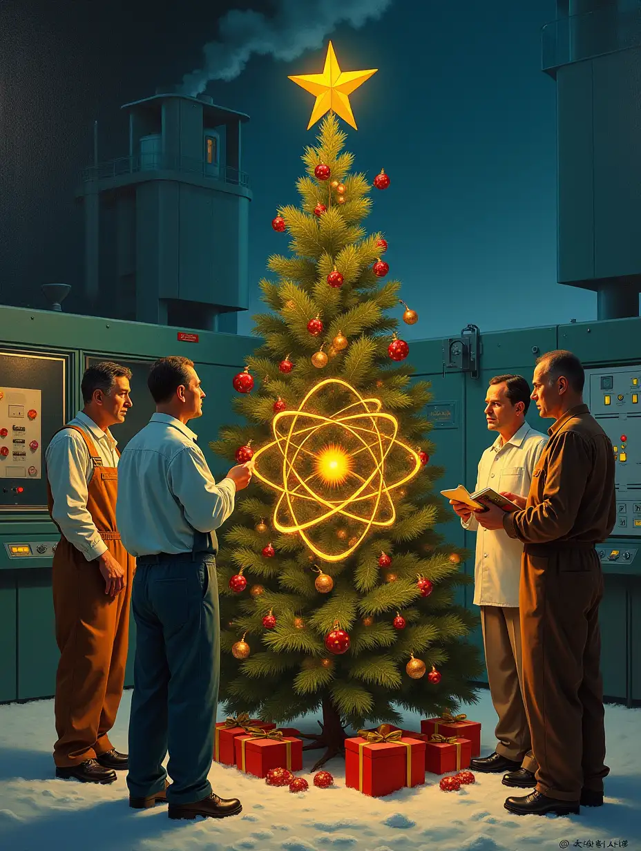 worker in coveralls, scientist in white lab coat, engineer in special clothing, welder in robe and atom worker in protective suit around christmas tree, sparkling atomic model of uranium nucleus with orbitals and electrons on orbitals inside the tree, solemn atmosphere, in the background block panels control of nuclear reactor at an atomic power station with glowing multicolored indicators, oil painting in style of socialist realism