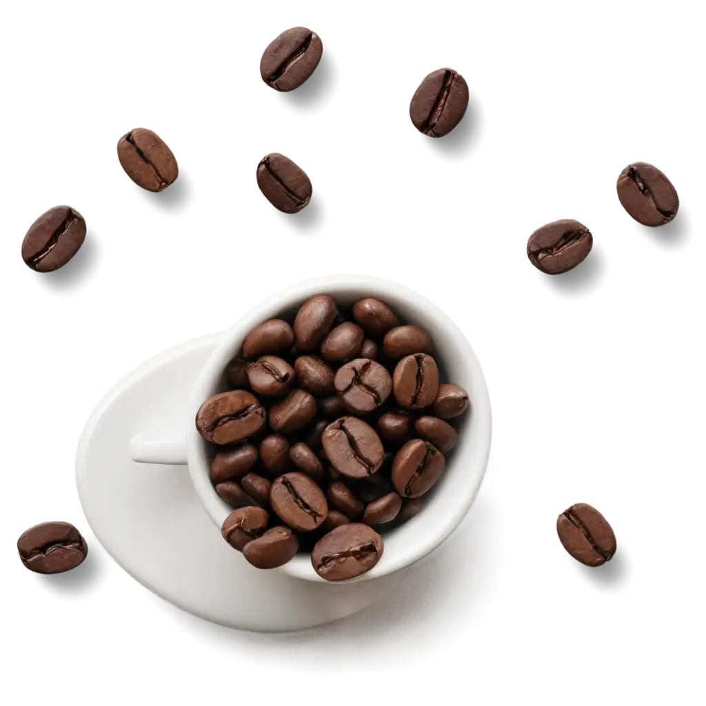 A picture of a white cup with a coffee bean, a picture from above