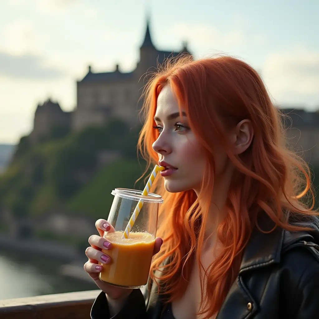 I want to create an image, that is hyperrealistic, of a redhead model drinking a smoothie with Edinburgh castle in the background