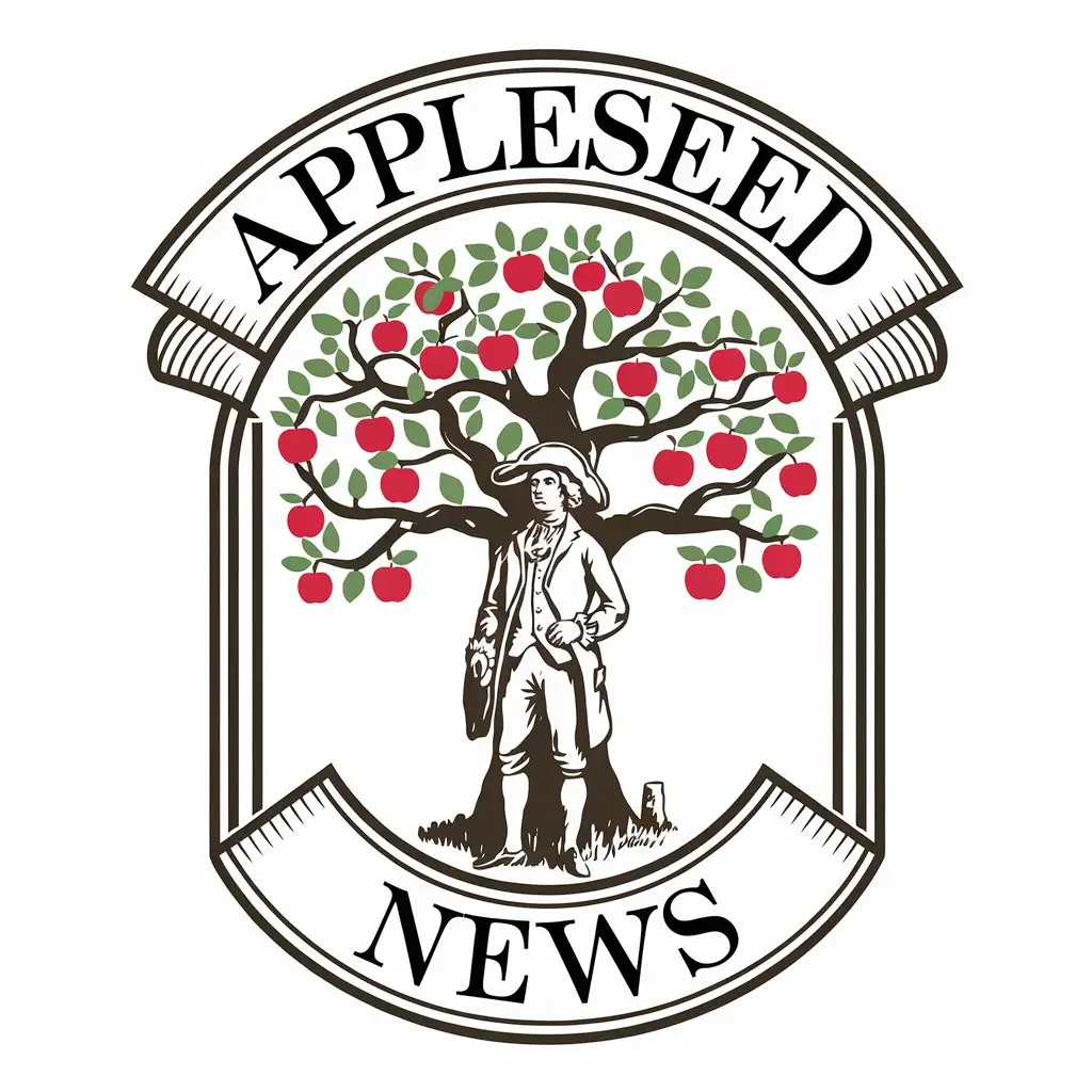 LOGO Design for Appleseed News Apple Tree with 1700s Man and Nonprofit Theme