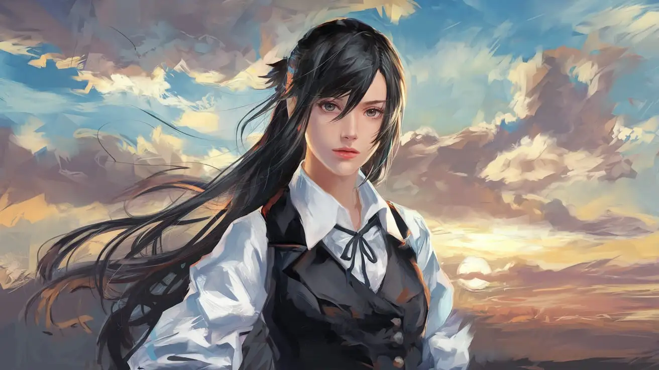 Dramatic Anime Girl in RPG Fantasy Setting with Epic Sky