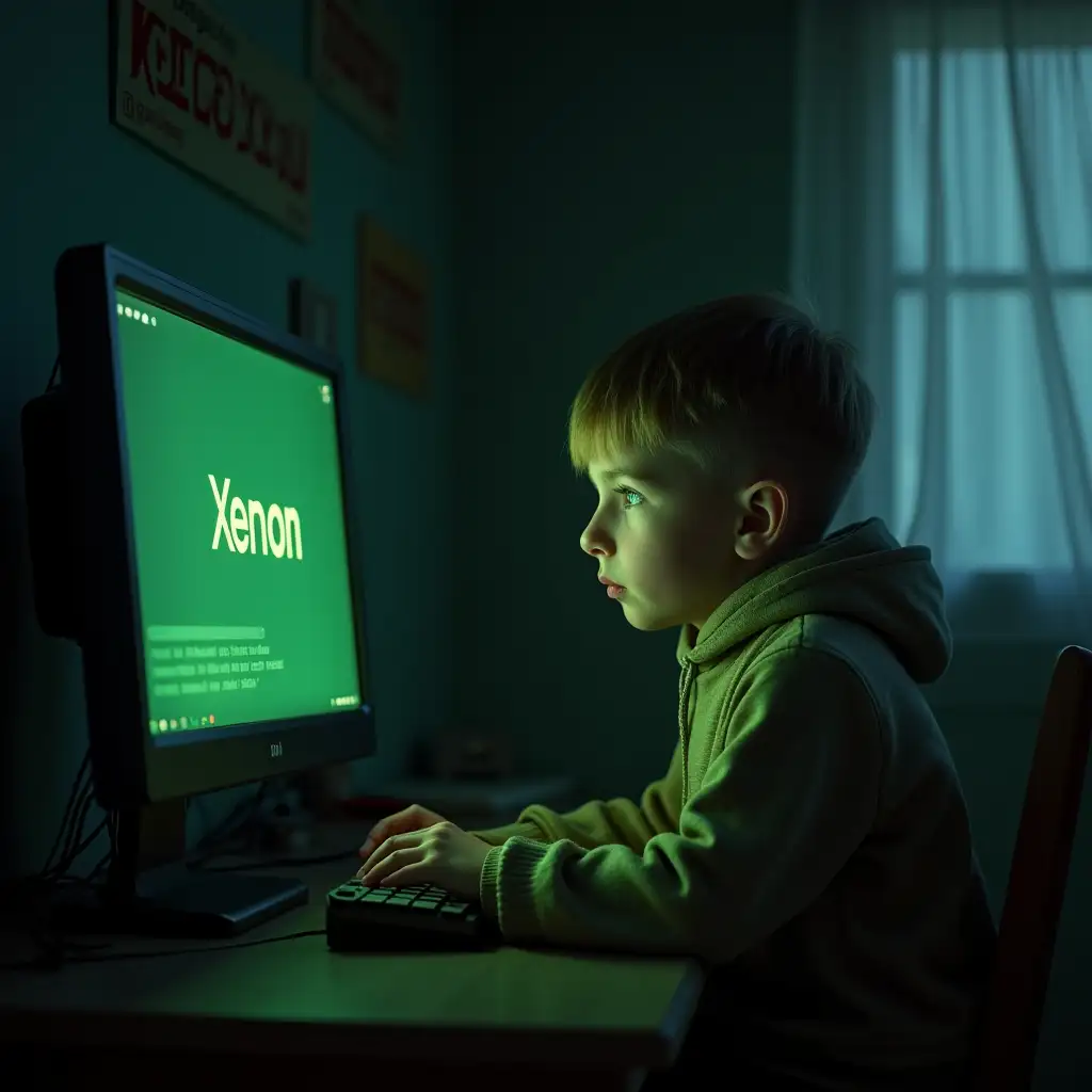 schoolboy with a Buryat face sits at a computer on the screen text 'Xenon' green color, the background grandma swears, realistic