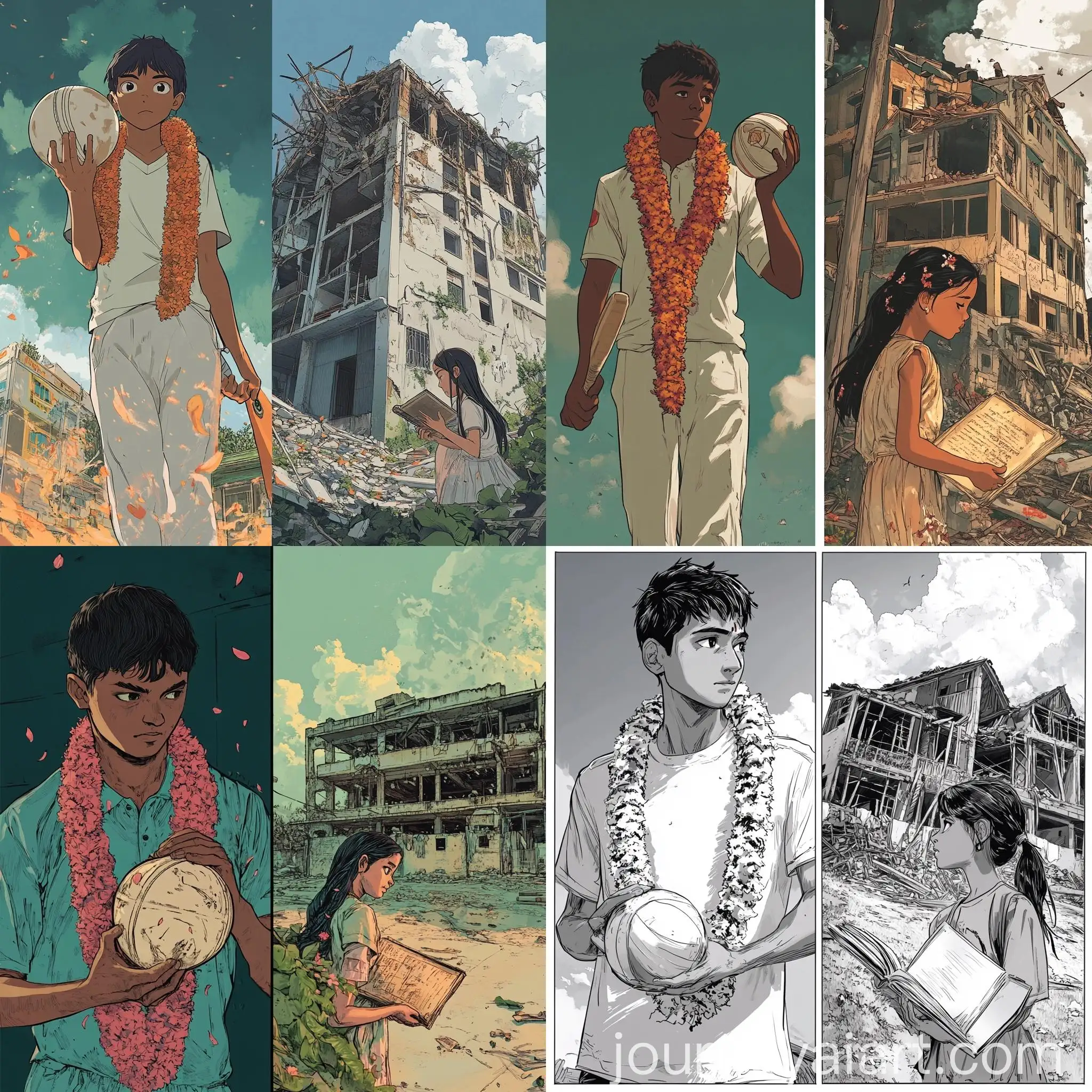 Bangladesh-Cricket-Player-with-Garland-and-Hindu-Girl-at-Damaged-School-Building