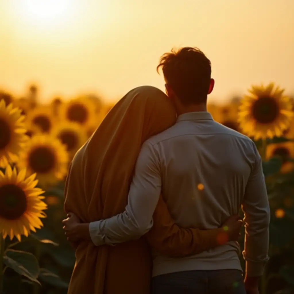 A romantic scene of a man and a woman wearing a hijab standing slightly far from the camera in a sunflower field during the evening, holding each other closely. Their faces are not visible as they are viewed from the back. They are much far from camera. Their back will be only visible to camera. The warm, golden light of the setting sun bathes the field, emphasizing the vibrant yellow of the sunflowers and the silhouettes of the couple. The atmosphere is serene. The women leaning to the man's shoulder.