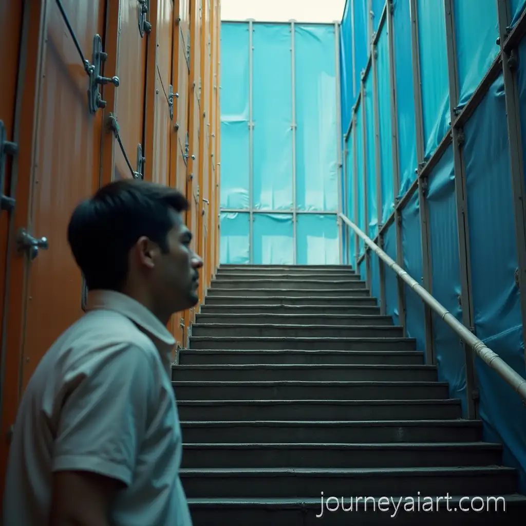 Cinematic-Outdoor-CloseUp-of-Person-by-Staircase-with-Colorful-Panels-and-Blue-Screen