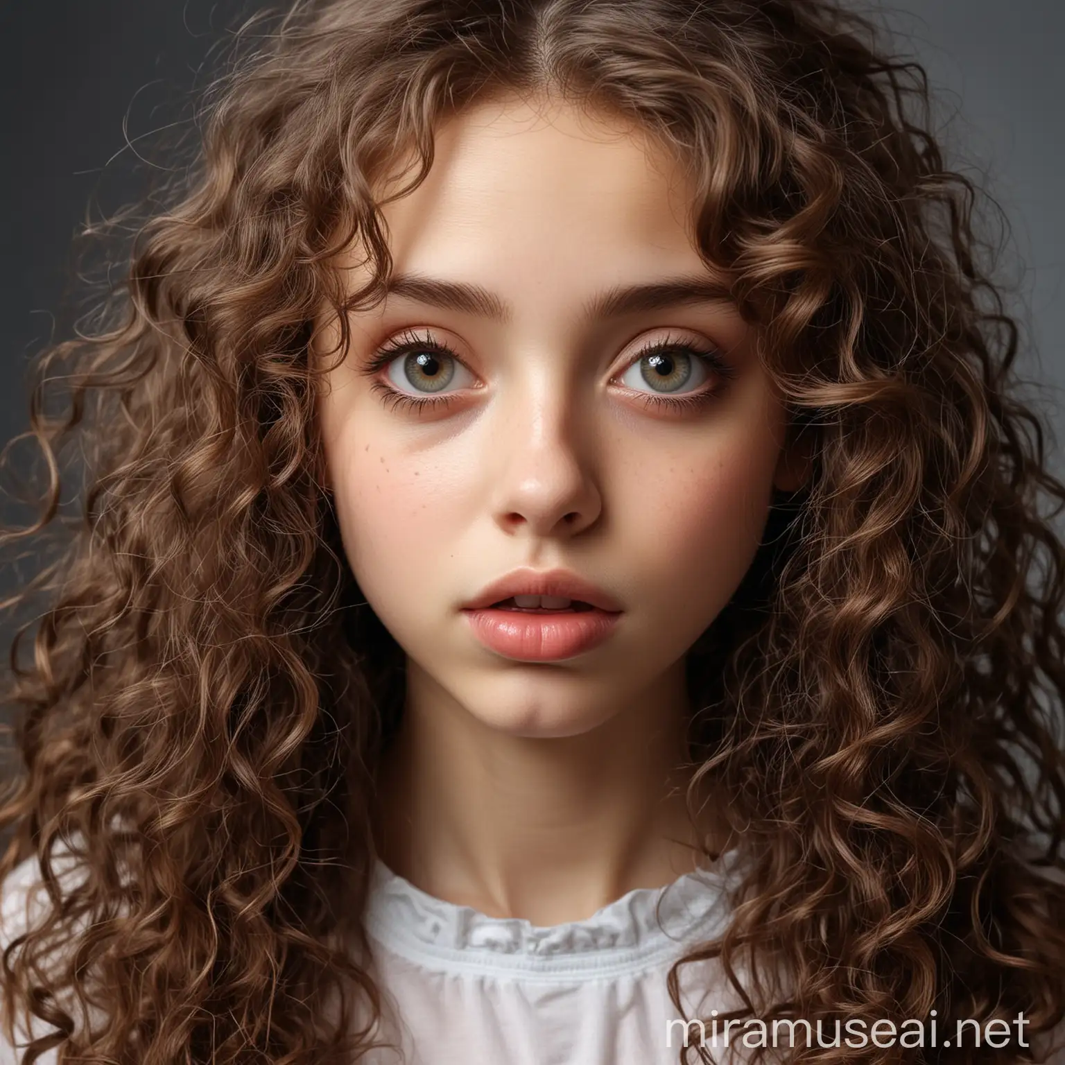 Young Girl with Big Eyes and Curly Long Hair in Real Background