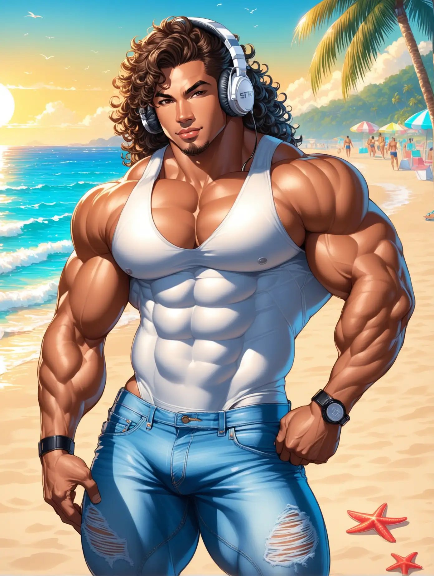 Muscular-Mixed-Race-Bodybuilder-at-Beach-Party-with-Headphones-and-Tight-Jeans