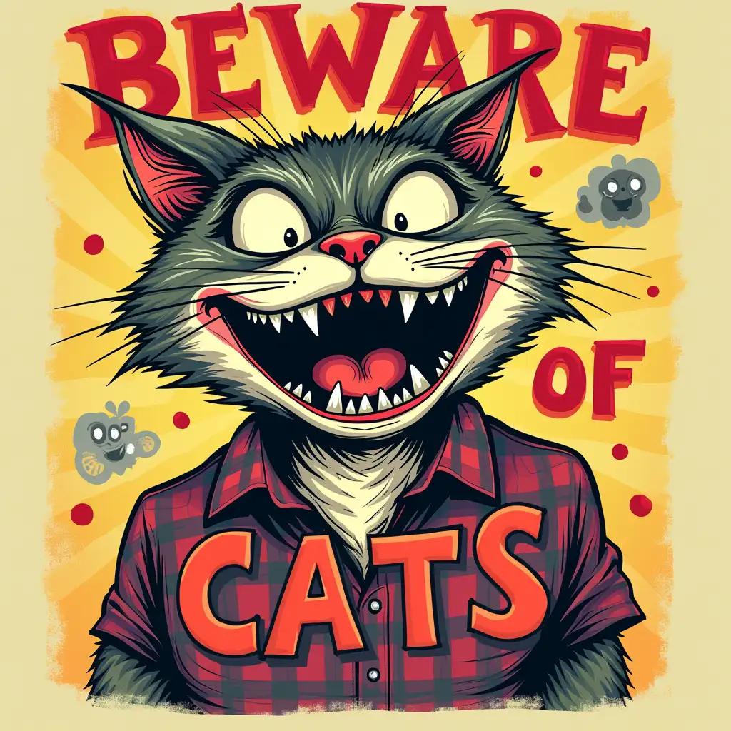 Create a humorous graphic featuring a cartoon cat with exaggerated, maniacal eyes and a wide-open mouth. The cat should be wearing a plaid shirt and have a wild, unkempt appearance. The text 'BEWARE OF CATS' should be prominently displayed in bold, contrasting fonts, with a playful, handwritten style. The background should be a vibrant, psychedelic pattern with dots and rays of light. Consider adding other humorous elements, such as speech bubbles or other animals, to enhance the visual appeal. The overall style should be playful and lighthearted, with a touch of irony.