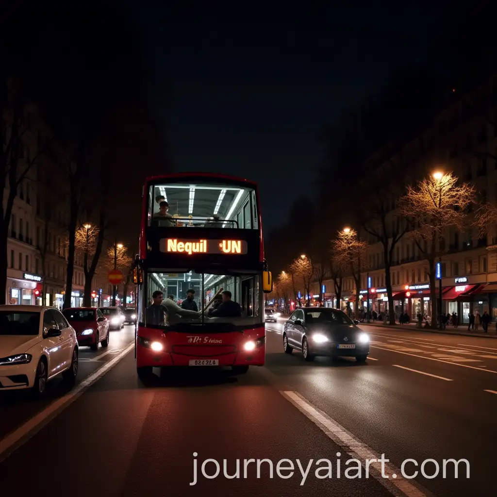 Bus-Driving-Through-Traffic-in-Paris-at-Night