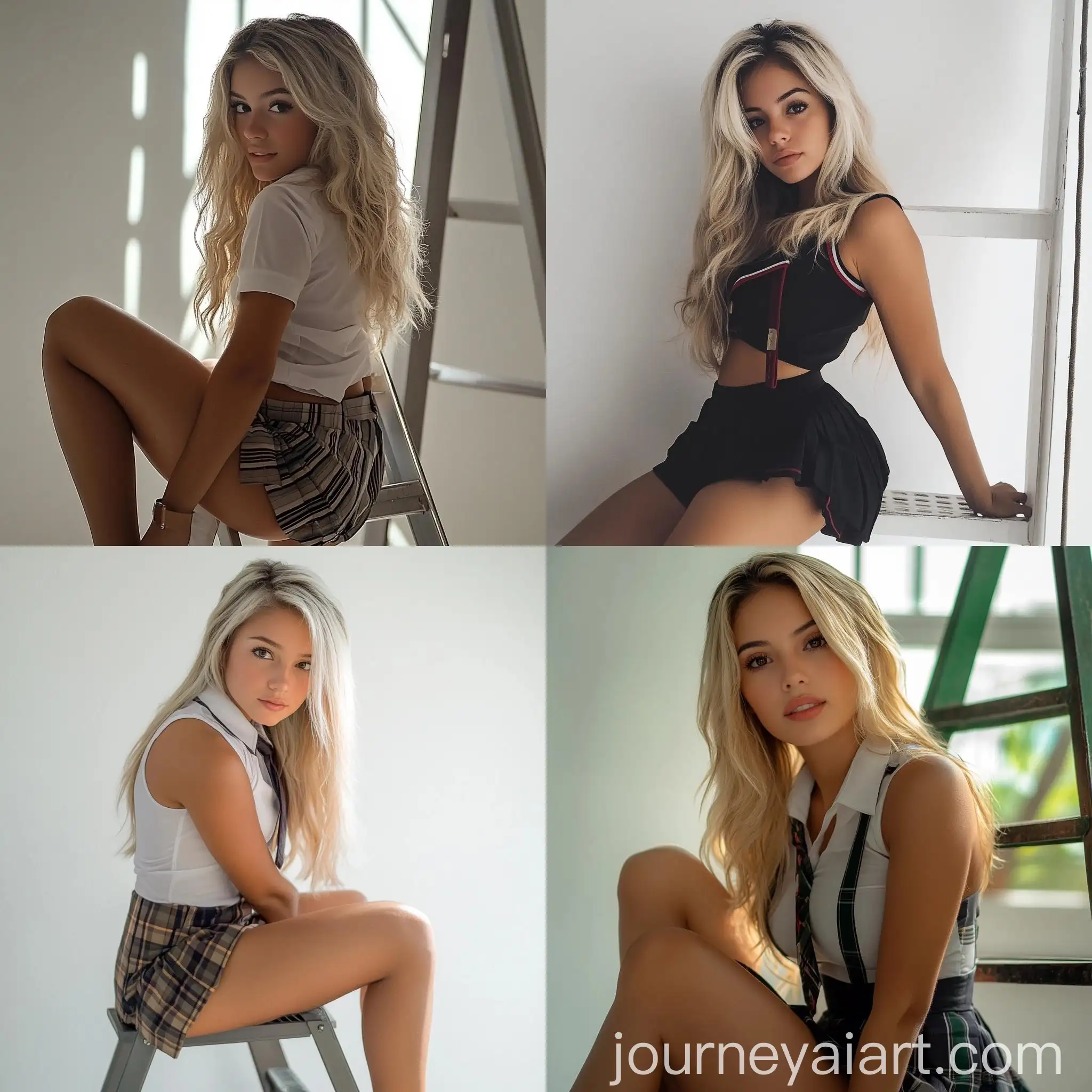 Blonde-Brazilian-Woman-in-School-Uniform-Posing-in-Photography-Studio