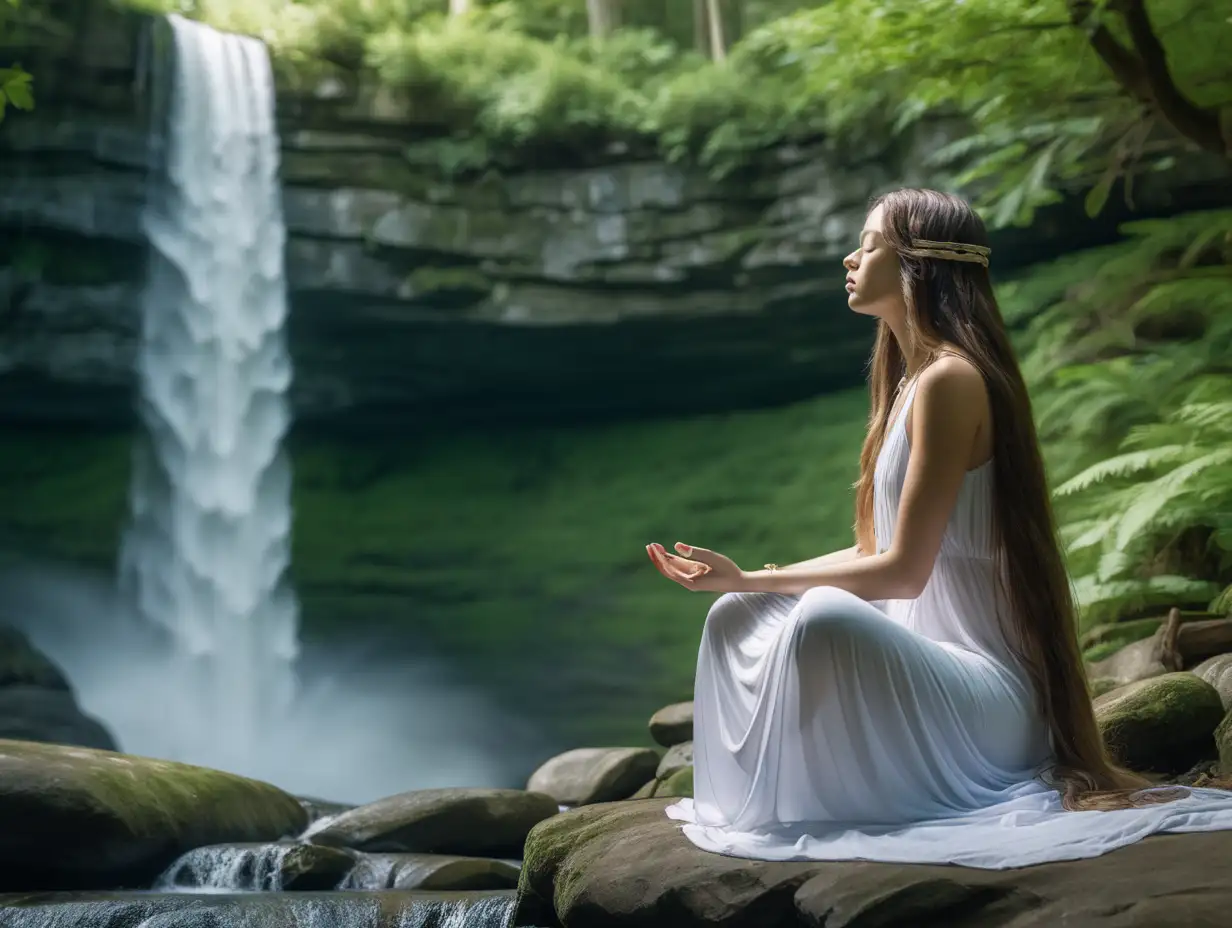 A wide-angle image of a woman with long hair in a white dress, sitting in meditation with a calm demeanor by a waterfall in a lush green forest