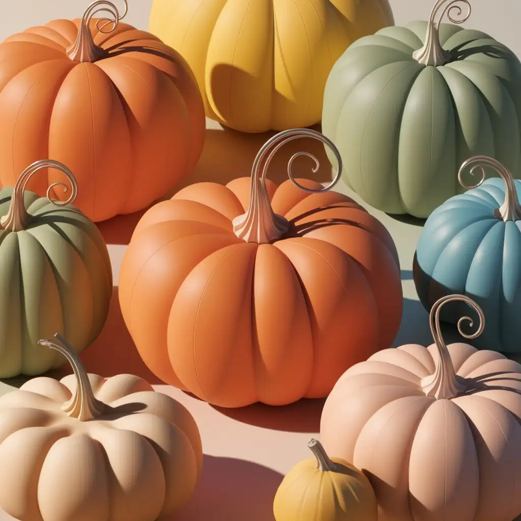 A set of nine stylized pumpkins and gourds in various shades of orange, yellow, green, blue, and beige. The pumpkins are designed with clean, minimalistic lines, each with a unique shape and curly stems. Add a slight shadow effect to give the pumpkins a subtle 3D appearance, enhancing their visual appeal while maintaining the flat, modern style.