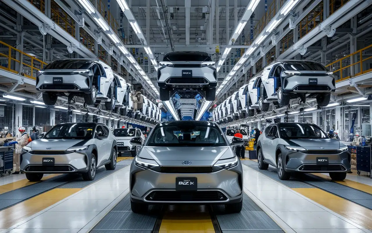 A REAL image depicting many Toyota Bzx evs manufacturing, some at the bottom and some hanging from top, with very stunning colors of black, yellow, red. 4 at the bottom, and 3 hanging from top, in the process of manufacturing. Inside a very huge factory, and must be very clear, with workers, and all colors mentioned