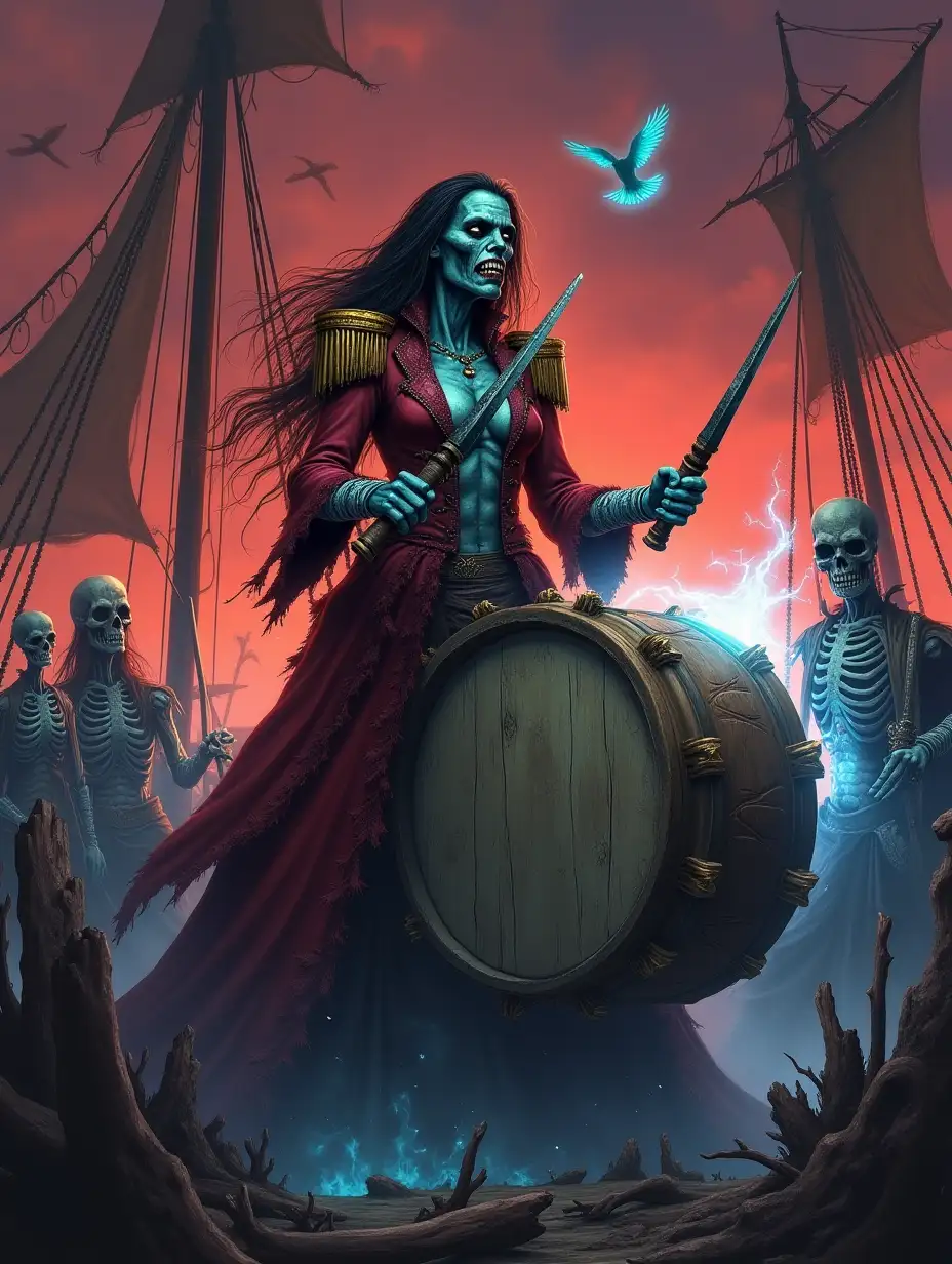 A towering, regal female zombie pirate stands on the deck of a rotting galleon, surrounded by the skeletal crew. Her tattered crimson coat is adorned with golden epaulettes and shredded lace. With an intense, hollow gaze, she slams massive iron-tipped drumsticks against a giant drum made from shark hide and ancient wood. The sky behind her is a blood-red twilight, and ethereal blue fire lights the deck. Tattered sails flutter above her as ghost birds circle in the air.