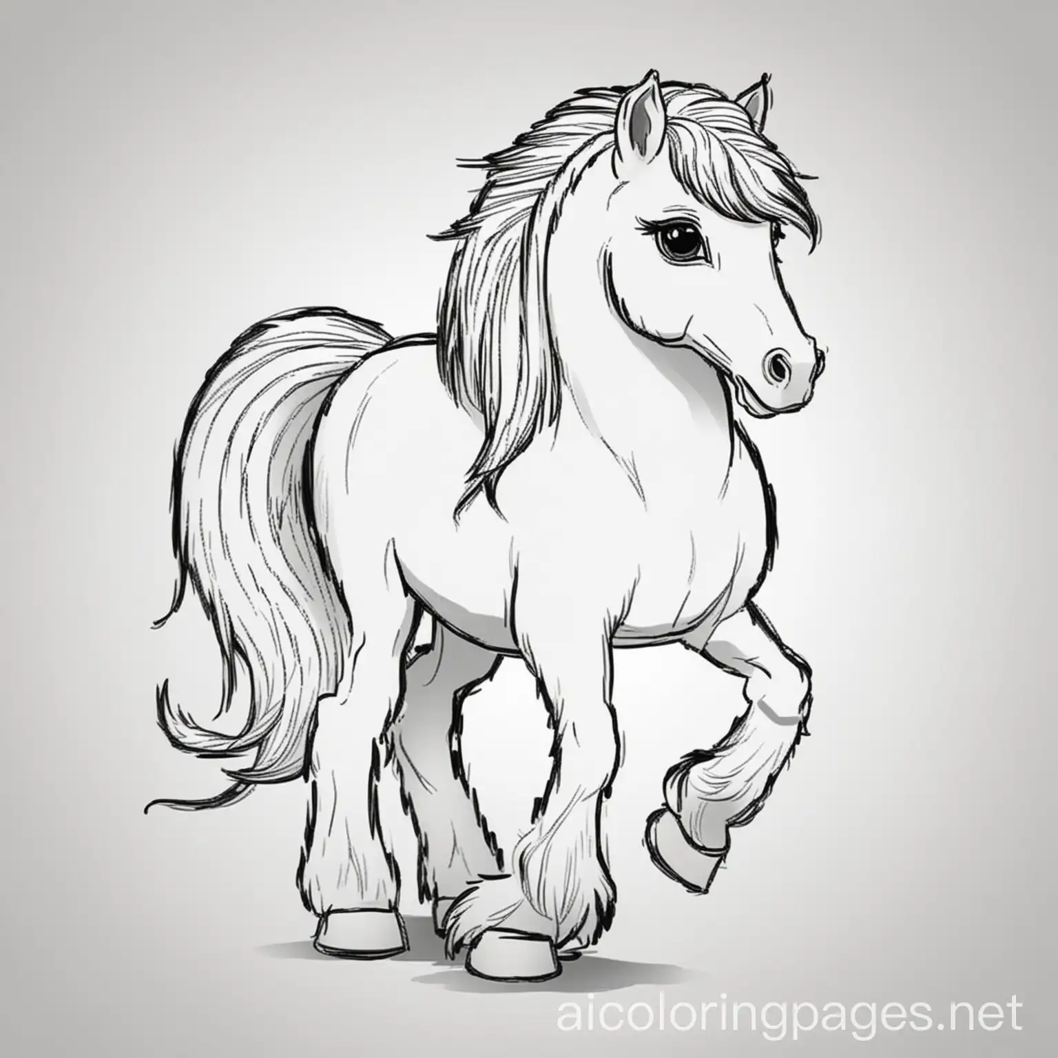 Pony, Coloring Page, black and white, line art, white background, Simplicity, Ample White Space. The background of the coloring page is plain white to make it easy for young children to color within the lines. The outlines of all the subjects are easy to distinguish, making it simple for kids to color without too much difficulty