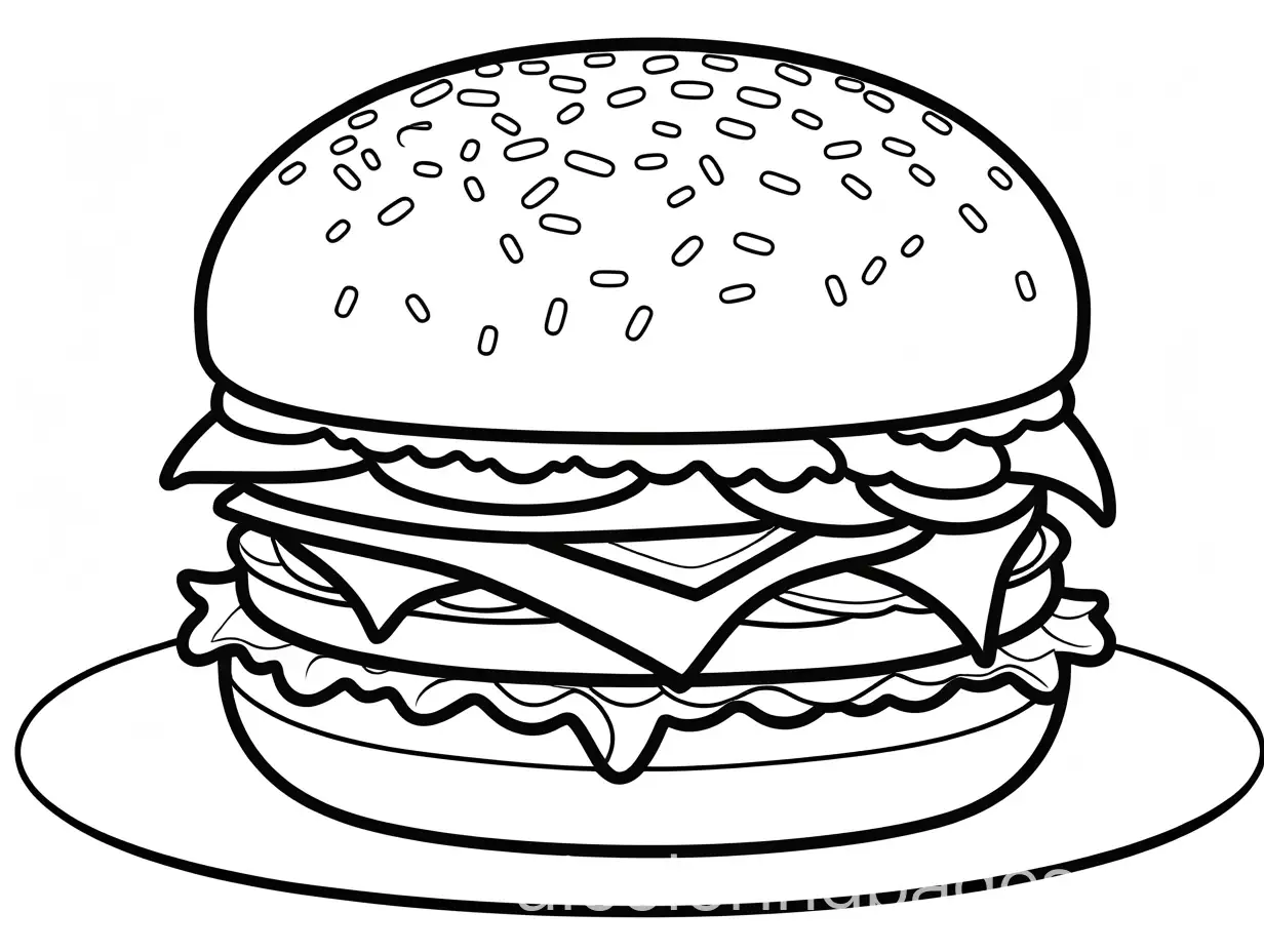 burger, Coloring Page, black and white, line art, white background, Simplicity, Ample White Space. The background of the coloring page is plain white to make it easy for young children to color within the lines. The outlines of all the subjects are easy to distinguish, making it simple for kids to color without too much difficulty