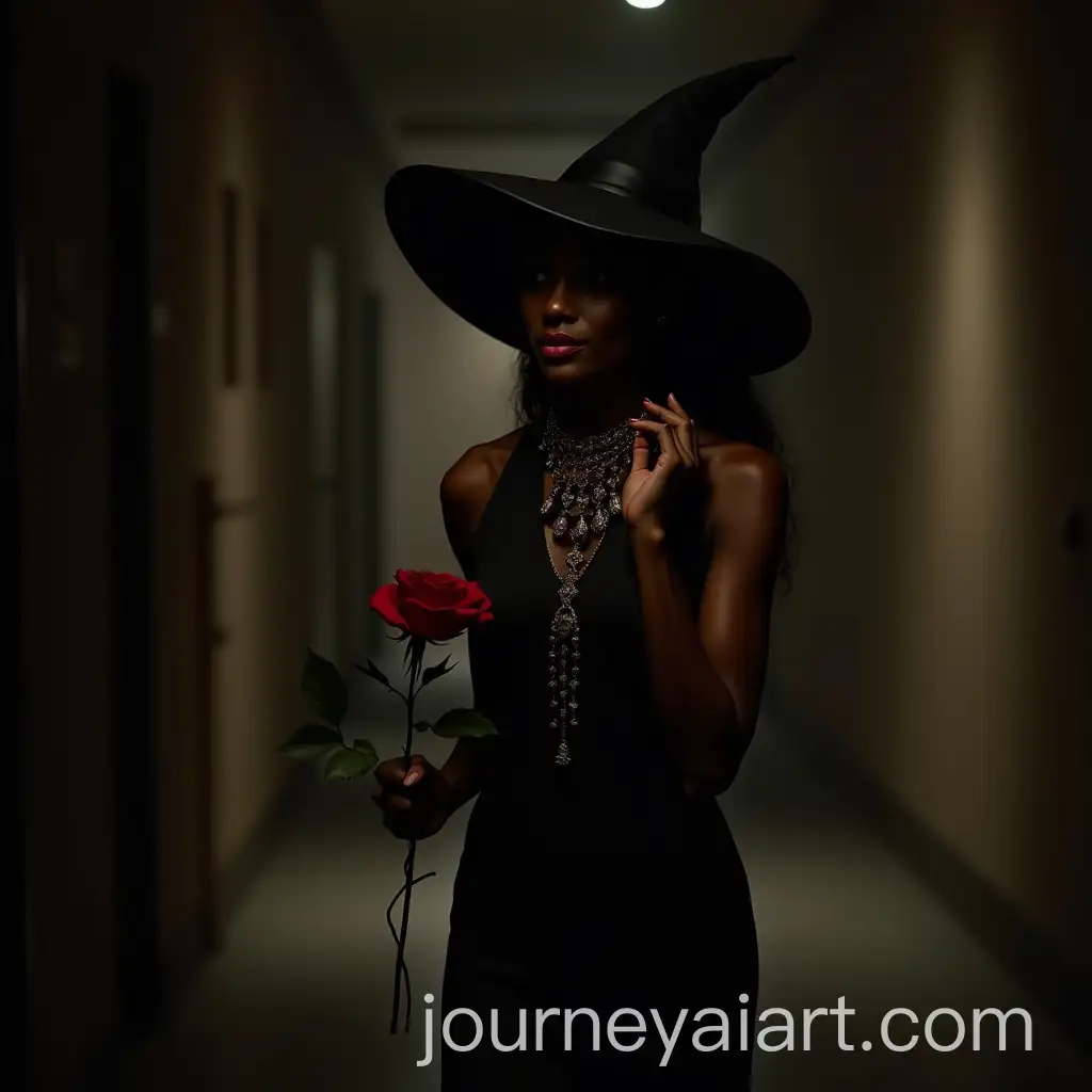 Black-Woman-in-Dark-Streets-at-3-AM-Wearing-Black-Dress-and-Widow-Hat-Holding-Red-Rose