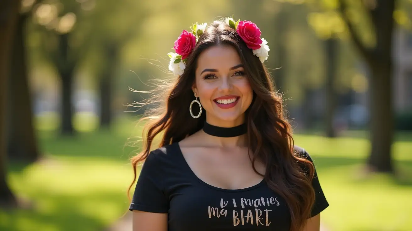 Close-up portrait of a curvy woman walking in a idyllic city park, wearing a narrow snug black latex choker, skintight t-shirt with text, large round earrings, smiling at the viewer, flowers in the hair, high quality clear latex reflections, sunny weather