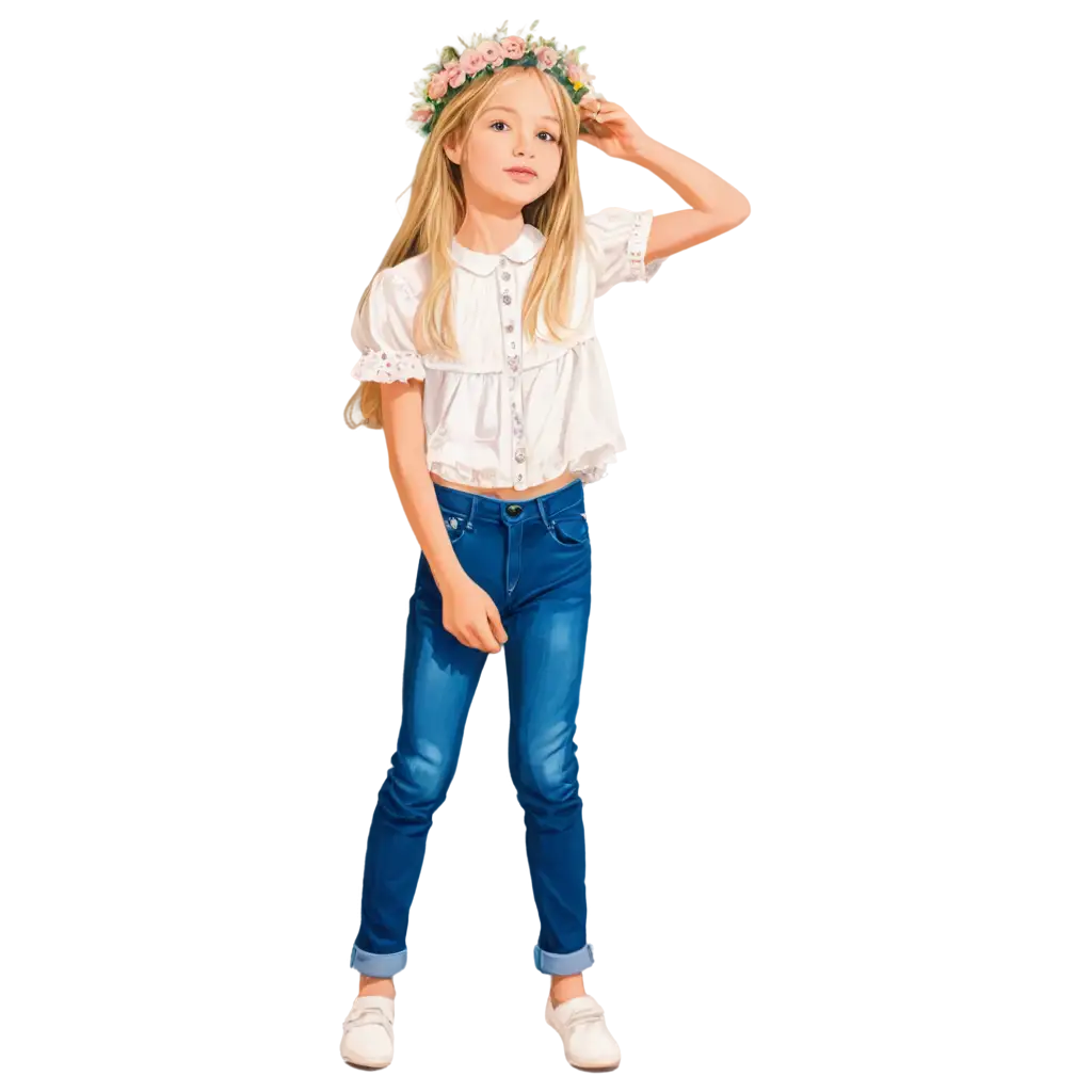 Tender-Blonde-Girl-in-Floral-Wreath-Full-Height-PNG-Image-of-an-8YearOld-with-Embroidered-Shirt-and-Jeans