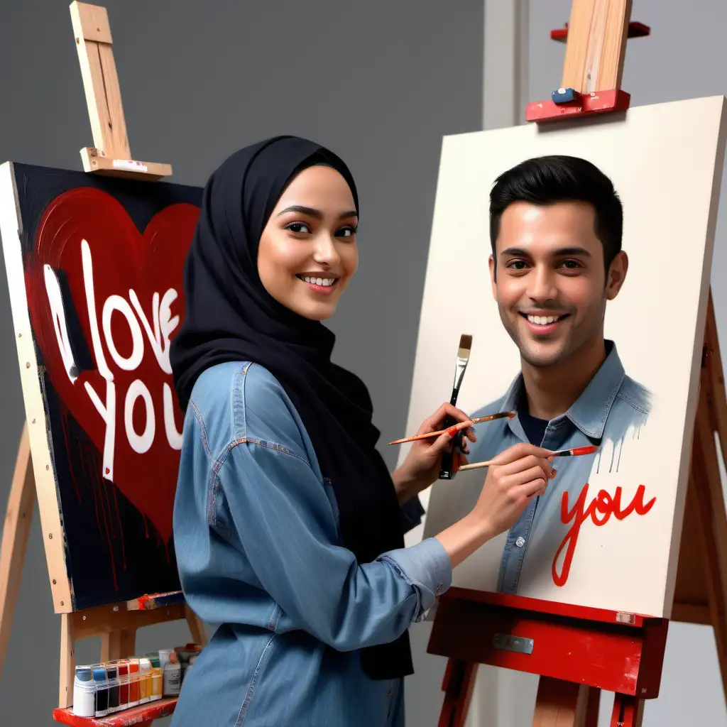 A young face woman in a light beige hijab, smiling, paints a portrait of a man with dark hair and a denim shirt, with the words 'I love you' written in bold red script on the painting; the scene is set in a cozy art studio, with paint palettes, brushes, and a wooden easel; the overall style is realistic with a slightly warm and soft lighting and subtle artistic rendering.