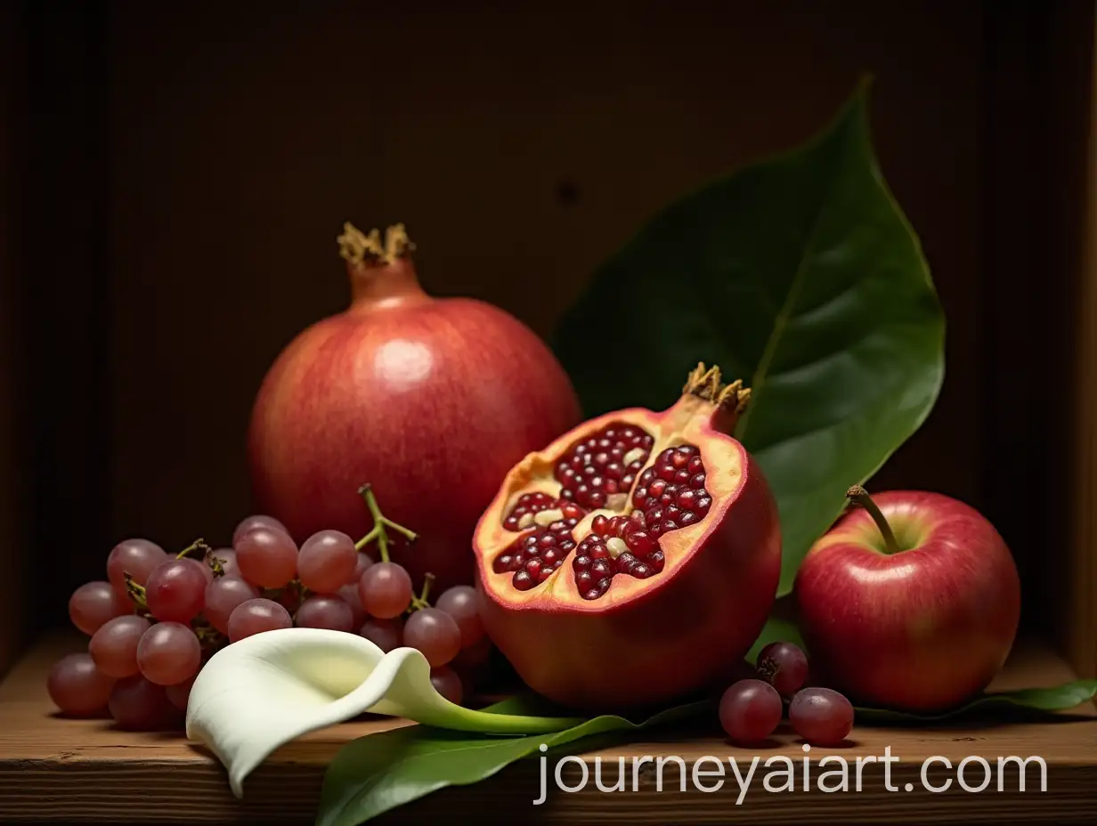 Realistic-Still-Life-with-Open-Pomegranate-Apple-Grapes-and-White-Calla-Lily-on-Wooden-Shelf